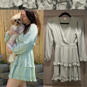 Altard State (S) Sage Green Puff Long Sleeve Wrap Front Dress Ruffle